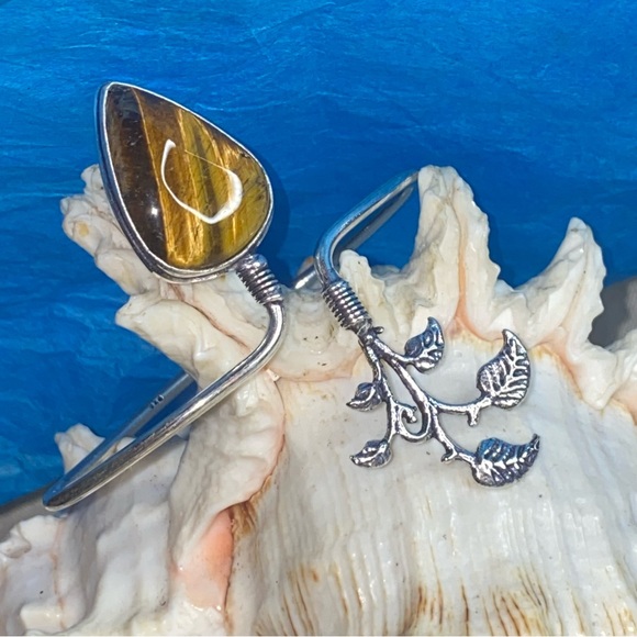 Tigers Eye Natural Gemstone leaves teardrop cuff - Picture 3 of 6